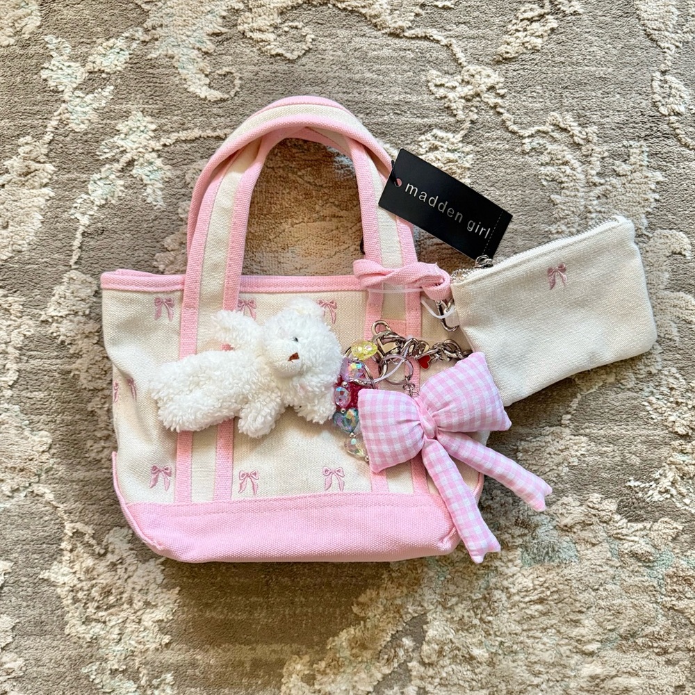 Madden Girl Pink Bow Mini Tote Bag with Charms (Price Firm)